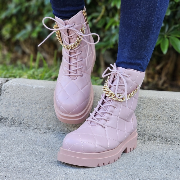 Womens Chunky Block Heel Ankle Combat Boots Pink Color - Picture 2 of 7
